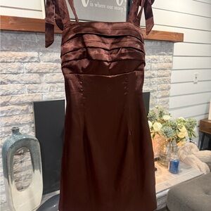 Satin Tie-Shoulder Mini Dress in Chocolate Brown